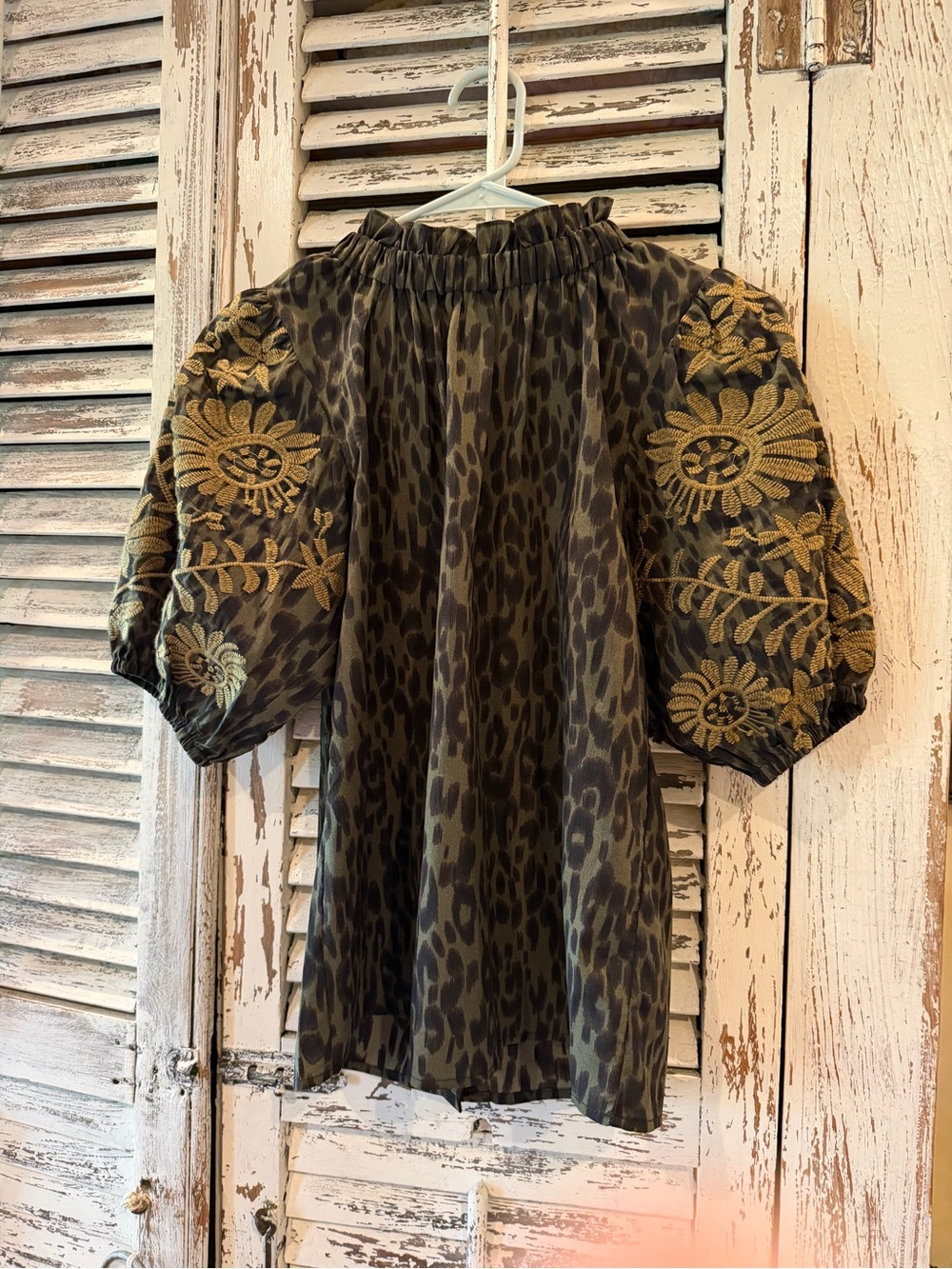 THML Olive Leopard Print Off-Shoulder Top with Gold Embroidered Puff Sleeves